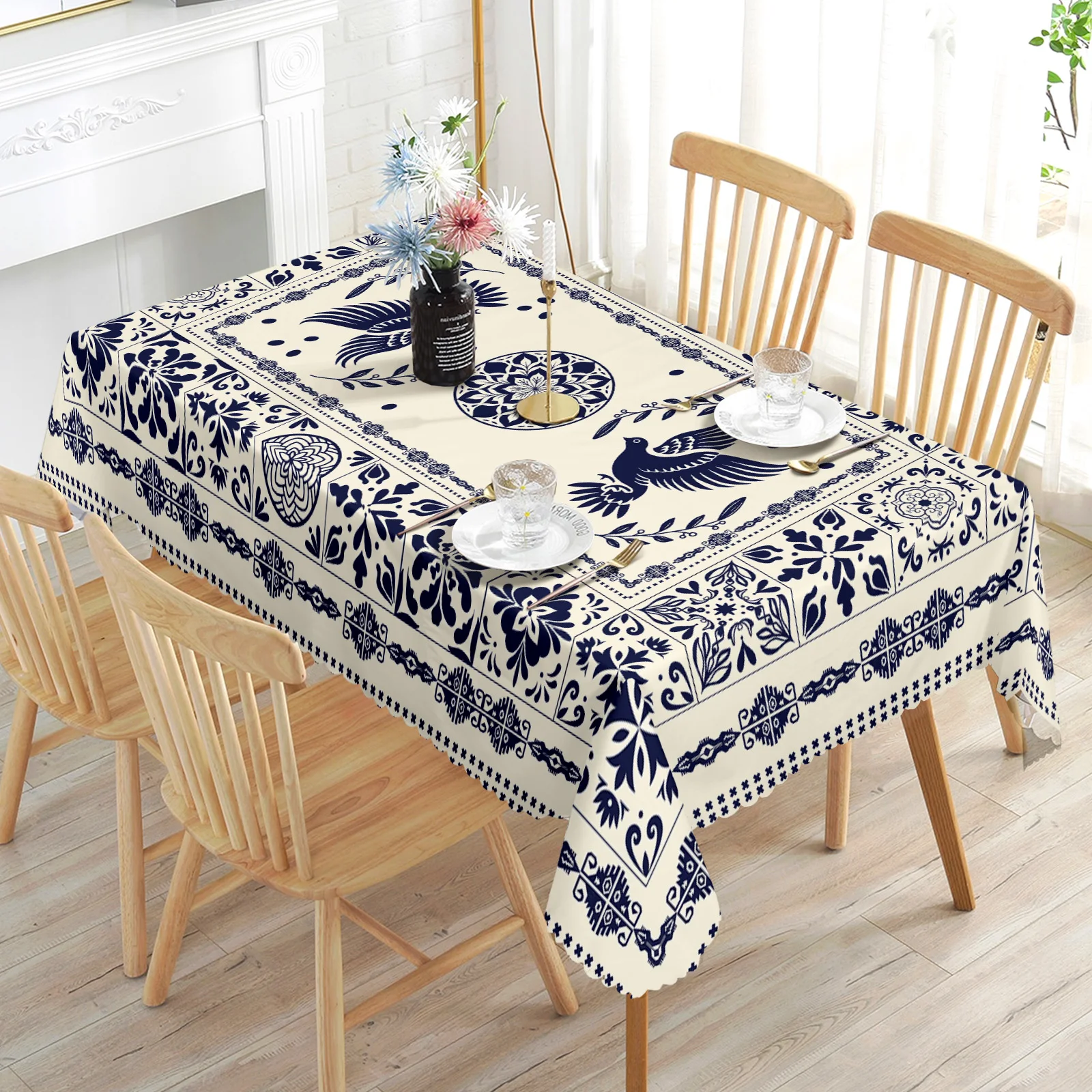 Vintage Bohemian Style Tablecloth, Featuring Birds, Flowers, Leaves, and Geometric Patterns, Available in Various Sizes, with Embossed Edges, Waterproof, Wrinkle-Resistant, and Fade-Resistant, Perfect for Party and Holiday Decorations, Indoor and Outdoor Use, Ideal Gift for Family and Friends, Rectangular and Round Table Covers, Suitable for Spring, Summer, Autumn, and Winter, for Home Kitchens, Rooms, Courtyards, Balconies, Picnics, Cafes, and Restaurant Tables H110