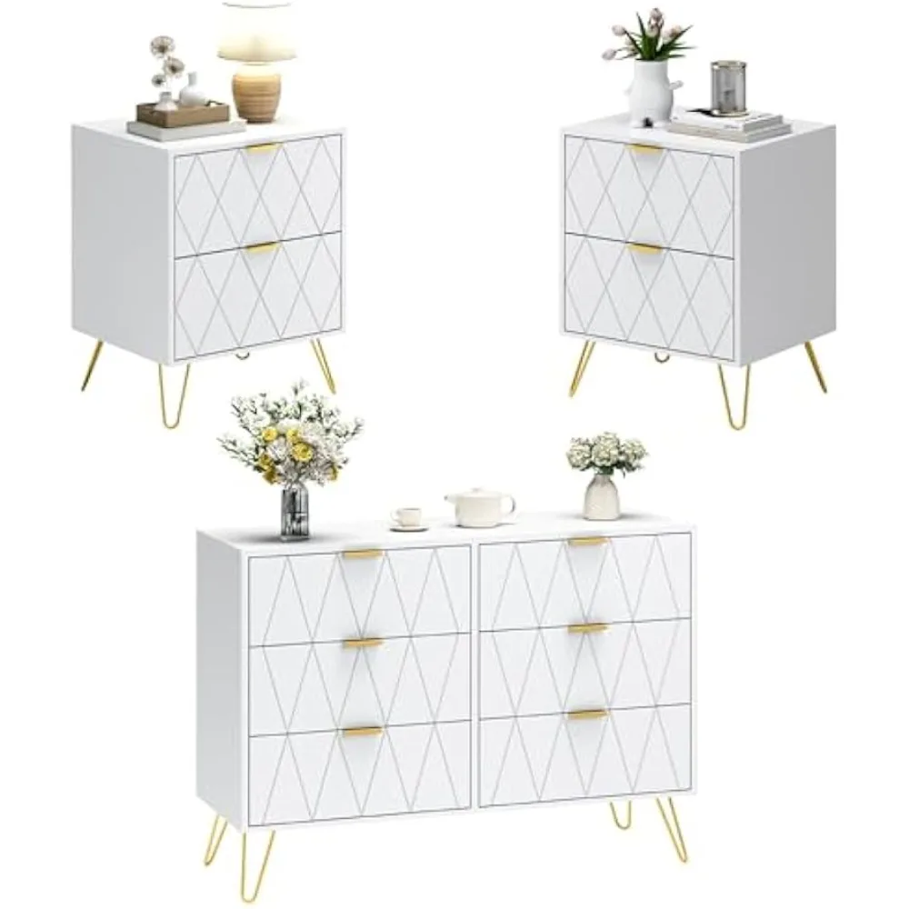 

3 Pcs Bedroom Sets, 6 Drawer Dresser and Stand Sets for Bedroom, Nightstands