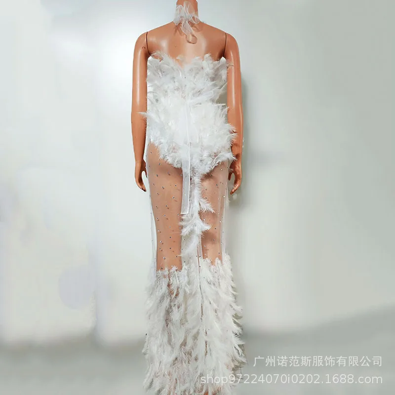 Seksowna biała sukienka z siateczki z piórami, prześwitująca, strój na występy w klubie nocnym, odzież dla piosenkarki, moda biznesowa, ubrania do śpiewania, sukienki wieczorowe