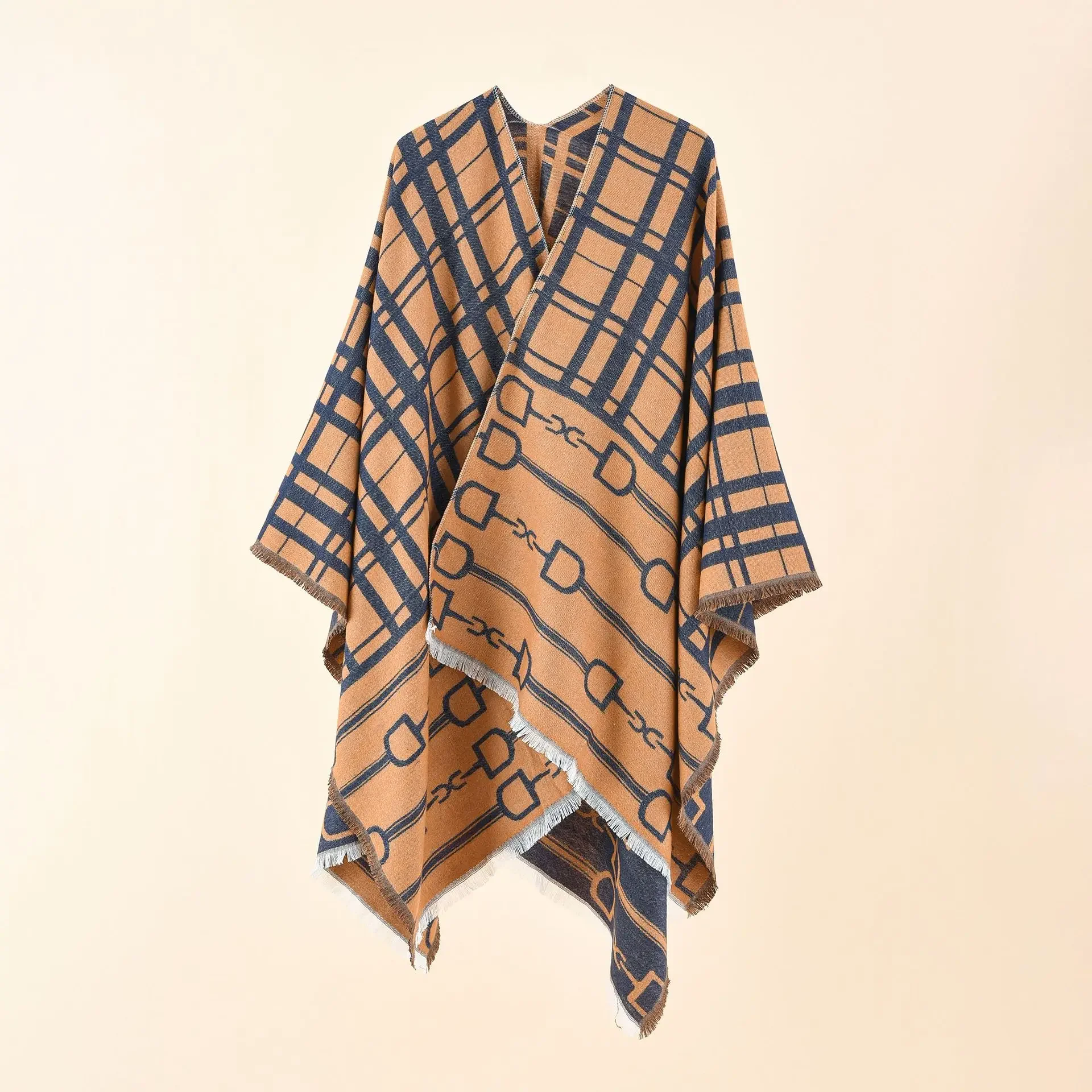 Autumn Winter New Plaid Chain Pattern Imitation Cashmere Warm Casual Women Shawl Tassels Poncho Capes Lady Coat  Yellow