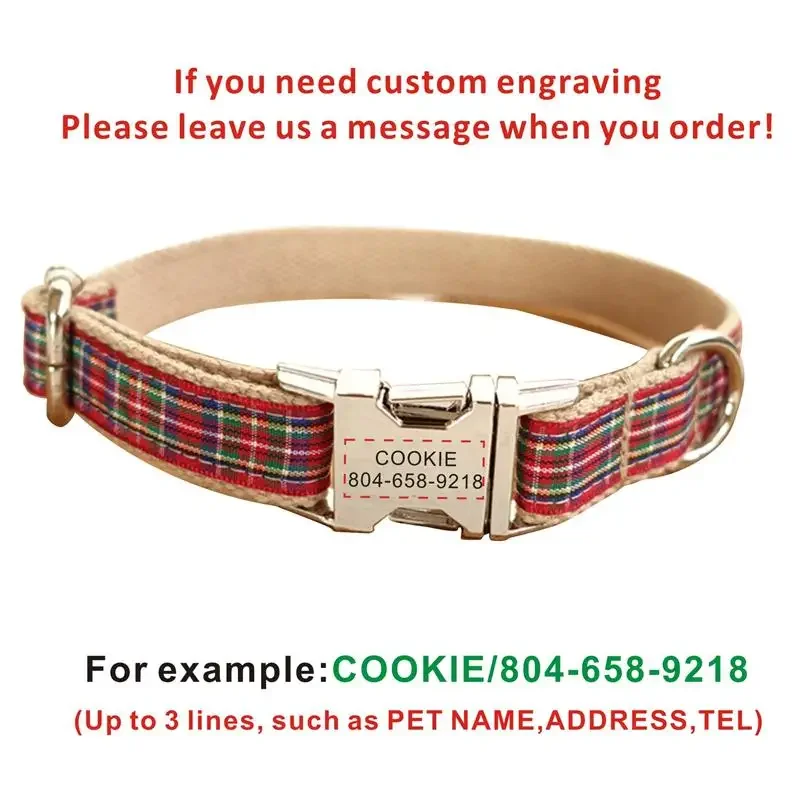 Personalized Pet Collar Scottish Plaid Custom Puppy Cat Name ID Tag Adjustable Collars Lead Leash Free Engraving Dog Collars