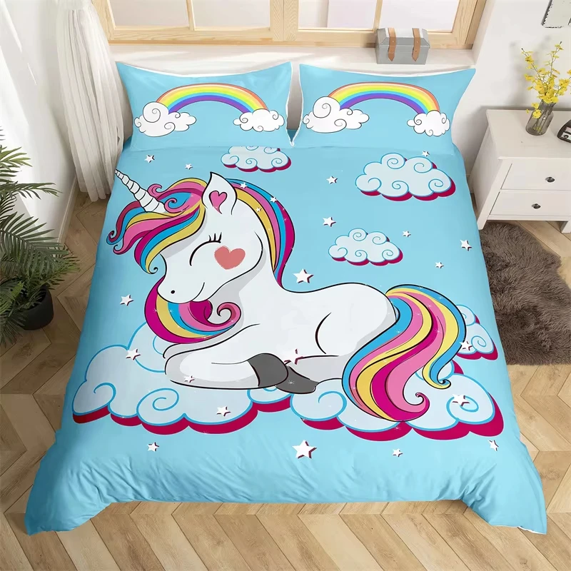 Kawaii Unicorn Duvet Cover Set King Bohemian Cartoon Magical Animal Bedding Set Microfiber Diamond Stars Flowers Comforter Cover
