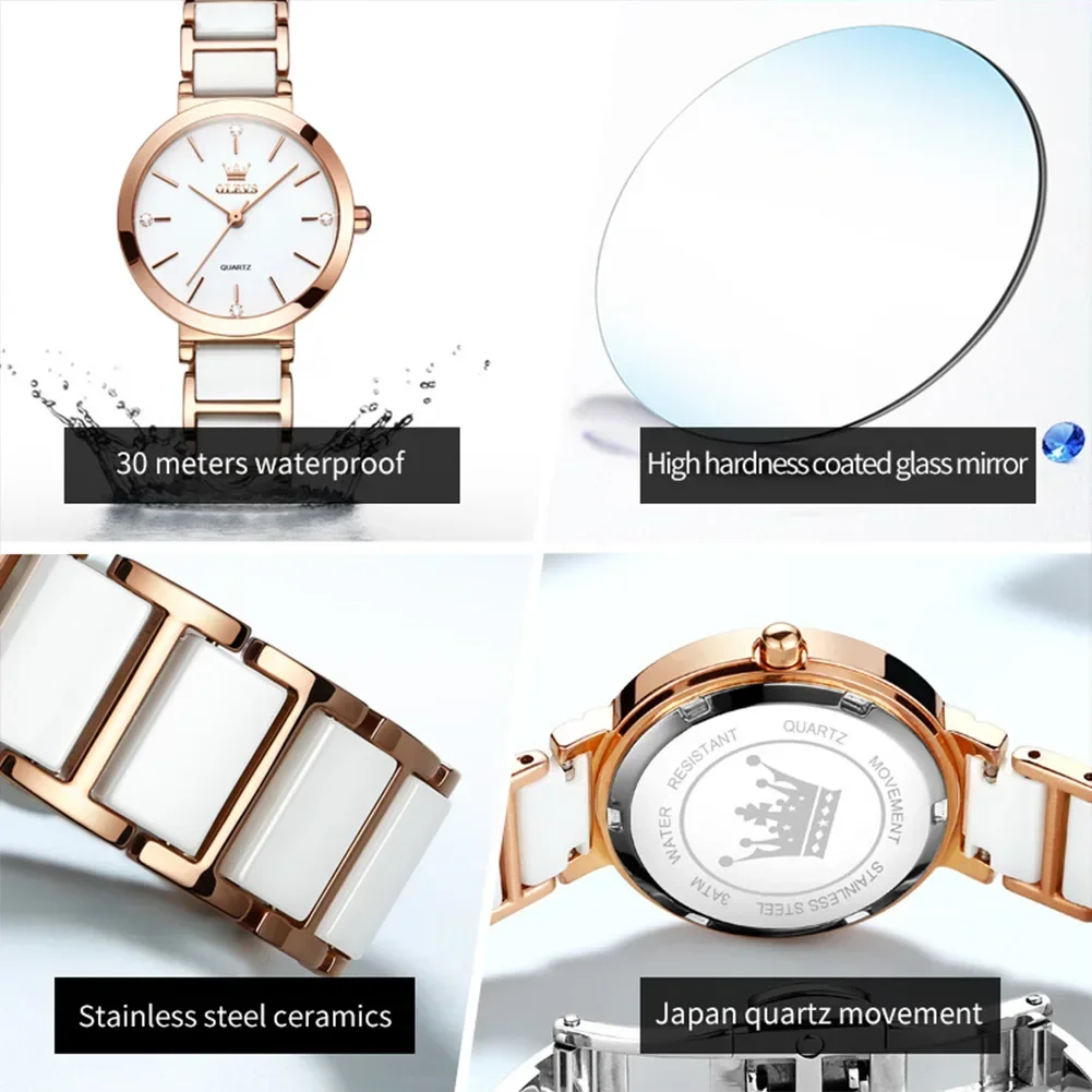 OLEVS Luxury Automatic Woman Watch Rose Gold Ceramics Strap Quartz Wrist Watch Waterproof Simple Dial Watches for Women Gift Set