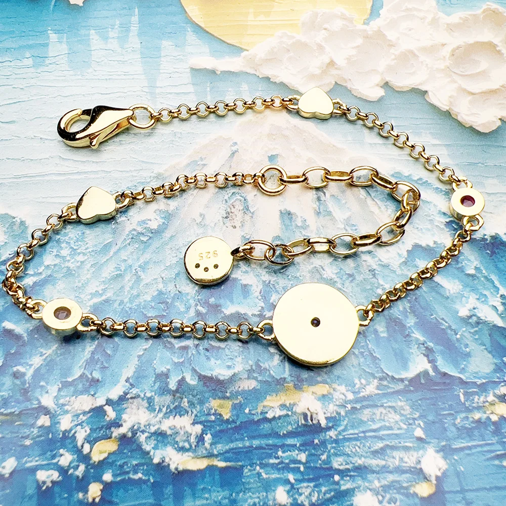 Yellow-Gold Plated Bracelet Sun Coin Brand New Link Chain 925 Sterling Silver Vintage Jewelry Summer Gift For Women