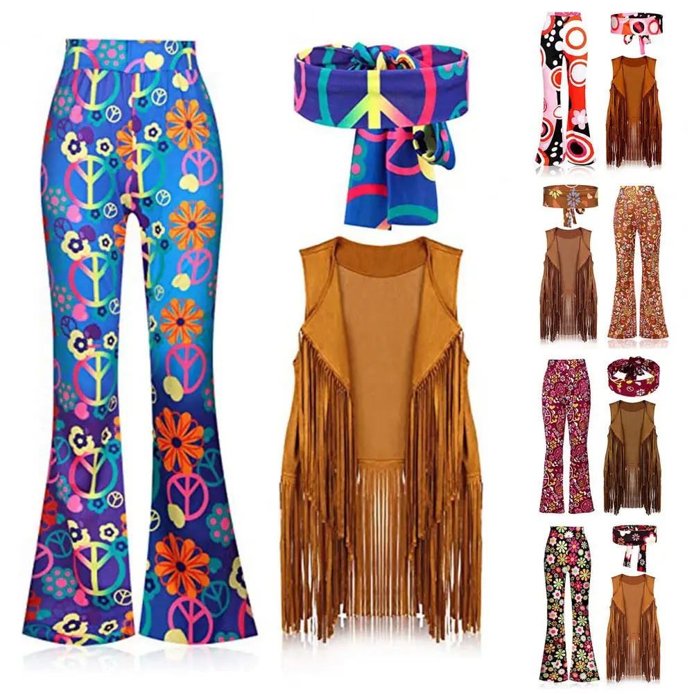 Women Bell Bottoms Set Nightclub Costume Retro Flared Pants Tassel Waistcoat Headband Set 70s Style Fringed Vest Party Clothing
