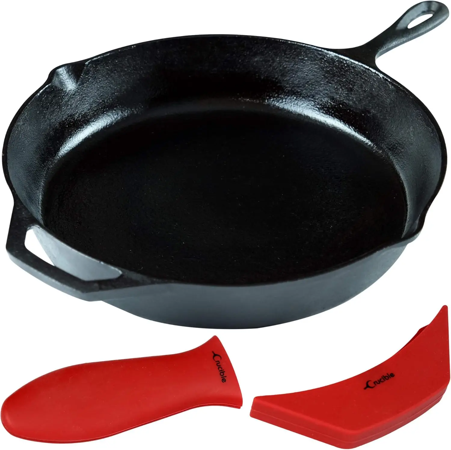 

Cast Iron Skillet Set (Pre-Seasoned) with Large and Auxiliary Silicone Heat-Resistant Handle Sleeves | For Indoor Outdoor Use