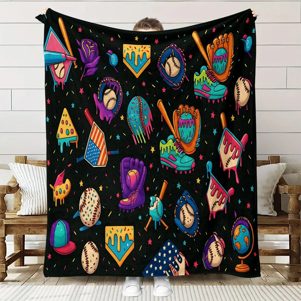 Custom Baseball Blanket Colorful Graffiti Glove Bat Design Personalized Name Fleece Throw All Season Soft Warm Bedding