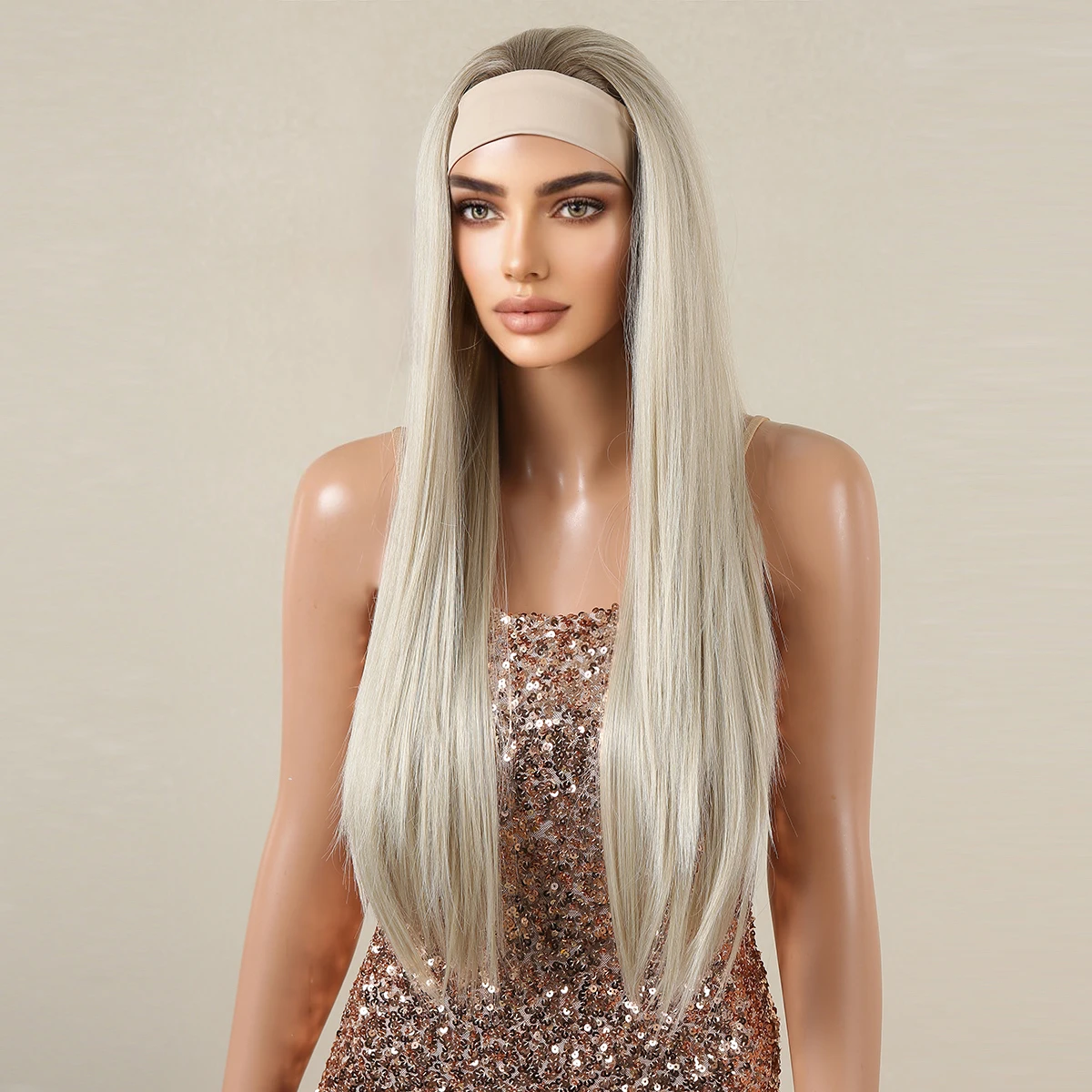 HENRY MARGU Long Straight Headband Synthetic Wigs Platinum Blonde Brown Hair Wig for Women Cosplay Party Heat Resistant Natural