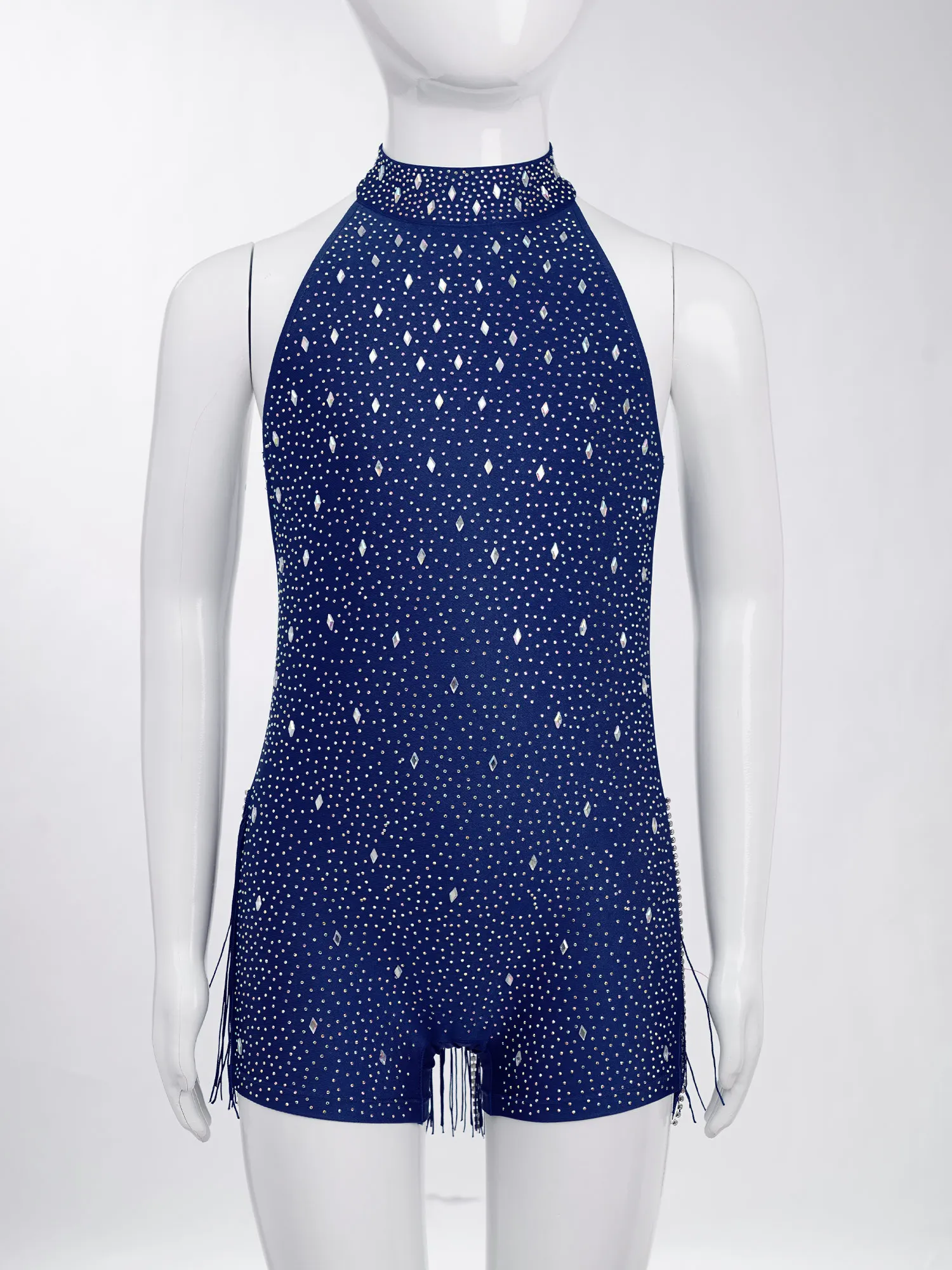 Dziecięcy kombinezon do tańca jazzowego z frędzlami, strój do tanga, cha-cha, latynoamerykańskich tańców, kostiumy sceniczne, body bez rękawów z wiązaniem na szyi, zdobione cyrkoniami.