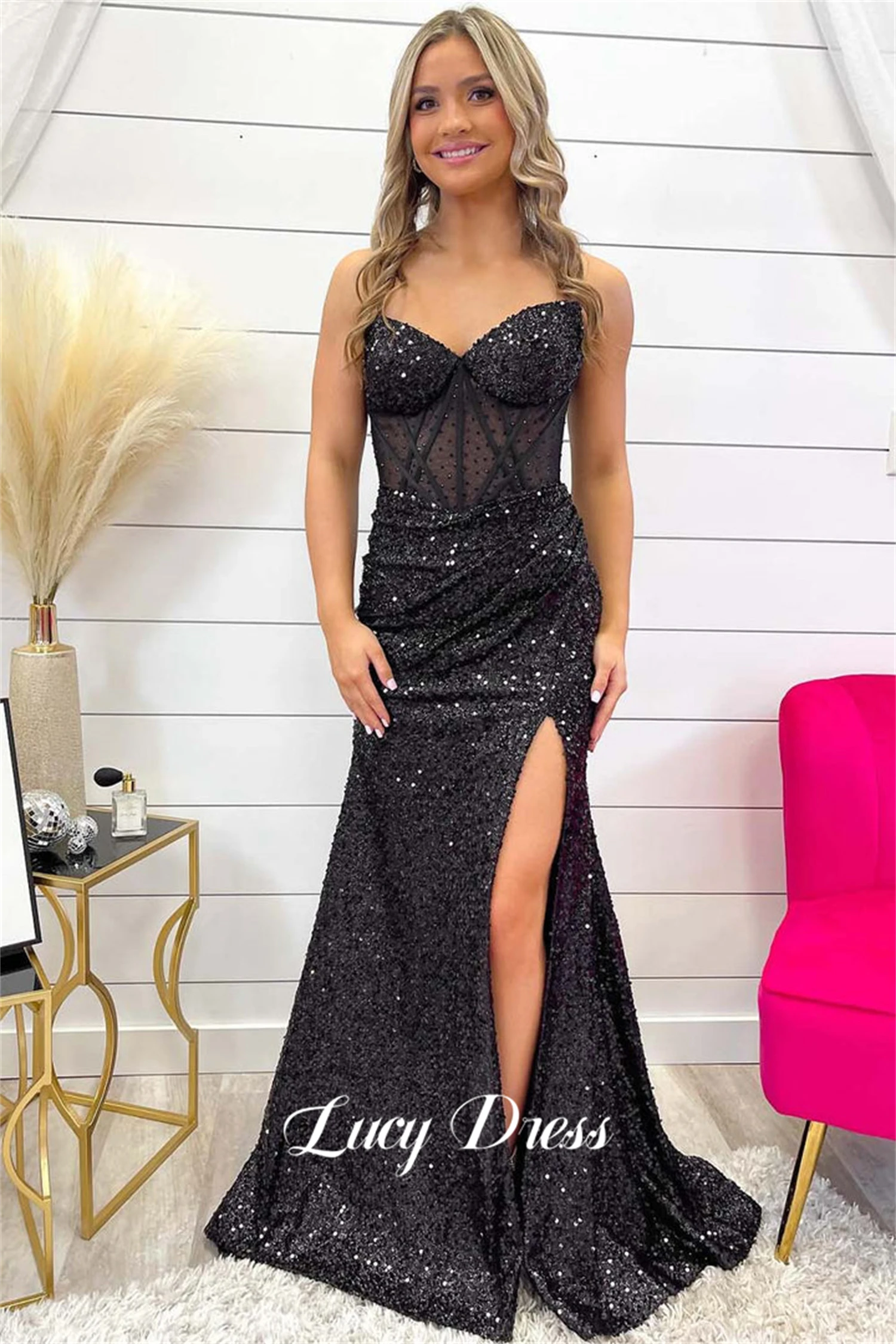 

Lucy Black Party Dress Fishtail Cut Graduation Gown Bead Embroidery Fabric Evening Dresses Woman Elegant Ball Gowns Customized