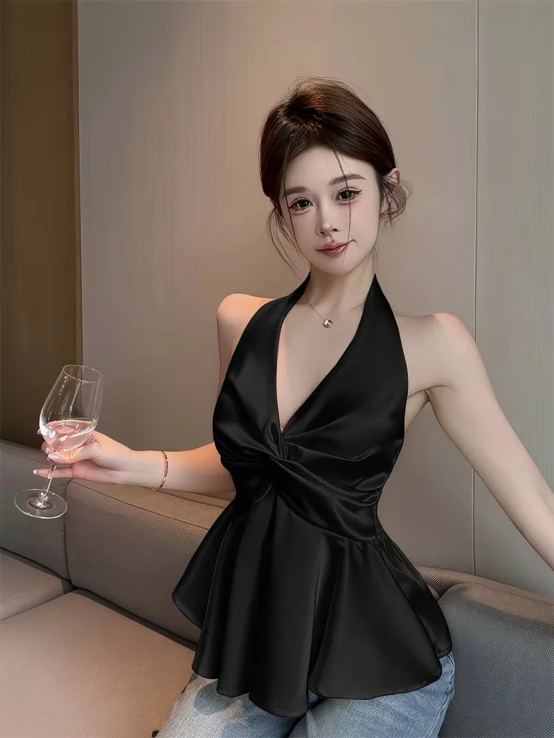Sexy Backless Knot Neckline Pure Color Top Women's Slim Fit Silk Material Outerwear Summer Fashion Elegant Beautiful Vest