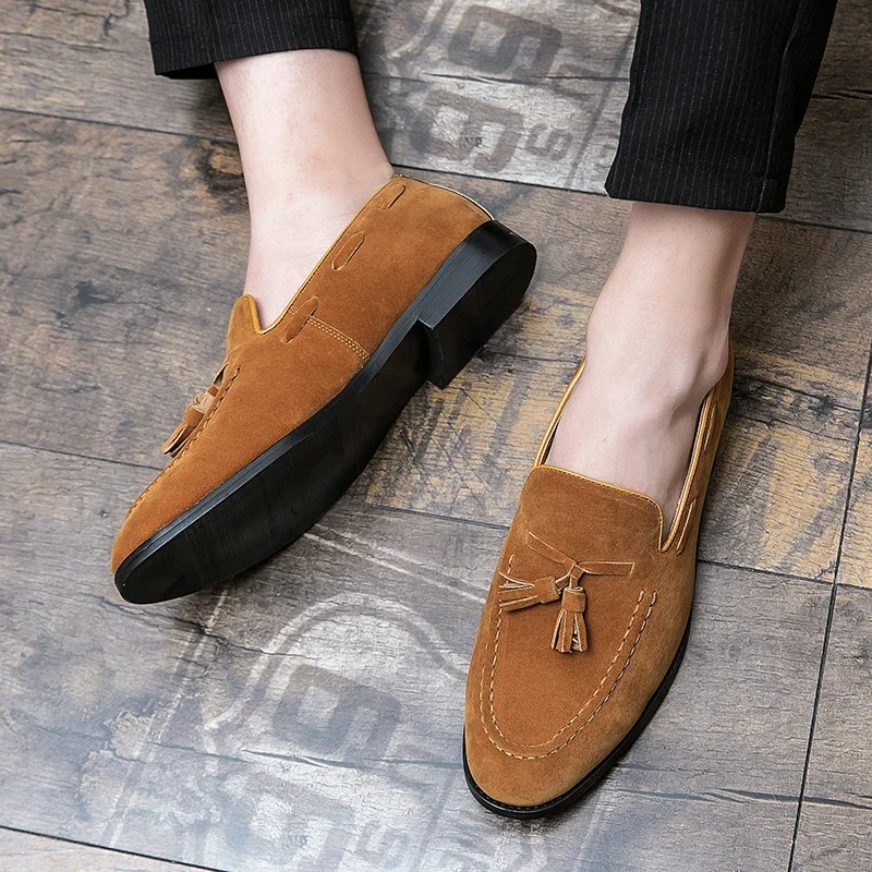 Fashion Loafers Men Shoes Tassels Wedding Party Daily Retro Round Toe Tassel Faux Suede Solid Color Dress Shoes Size 38-48