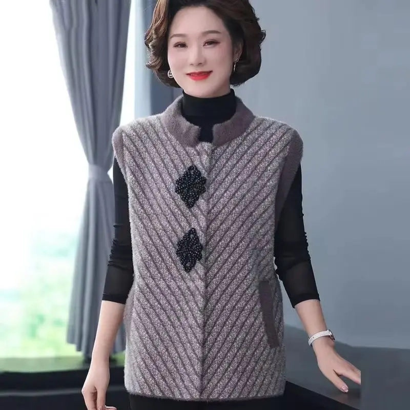 

2025 New Middle-Aged Imitation Mink Women Vest Jacket Autumn Winter Knitting Cardigan thick Warm Vest Coat Female Waistcoat Vest