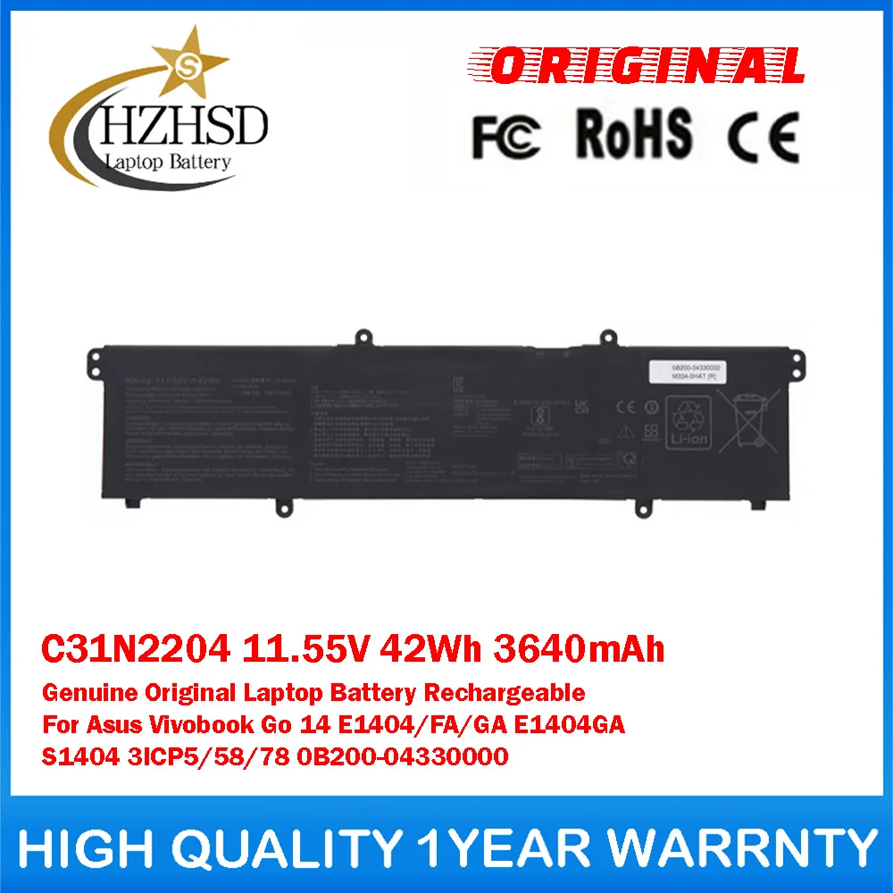 C31N2204 11.55V 42Wh 3640mAh Genuine Original Laptop Battery Rechargeable For Asus Vivobook Go14 E1404/FA/GA E1404GA 3ICP5/58/78