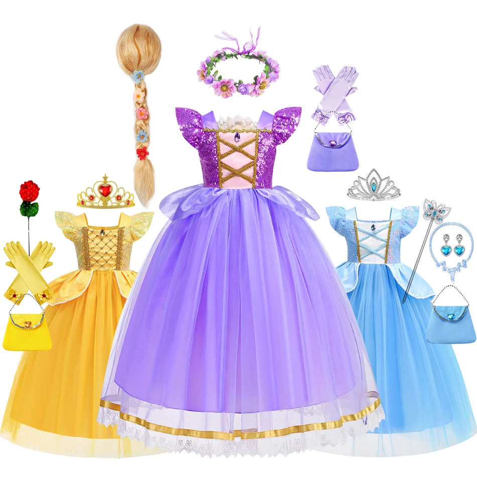 Vestido de Cenicienta para niños, disfraz de Rapunzel, disfraz de Bella, vestido de cumpleaños para niñas de 4, 5, 6, 7, 8, 9, 10 años