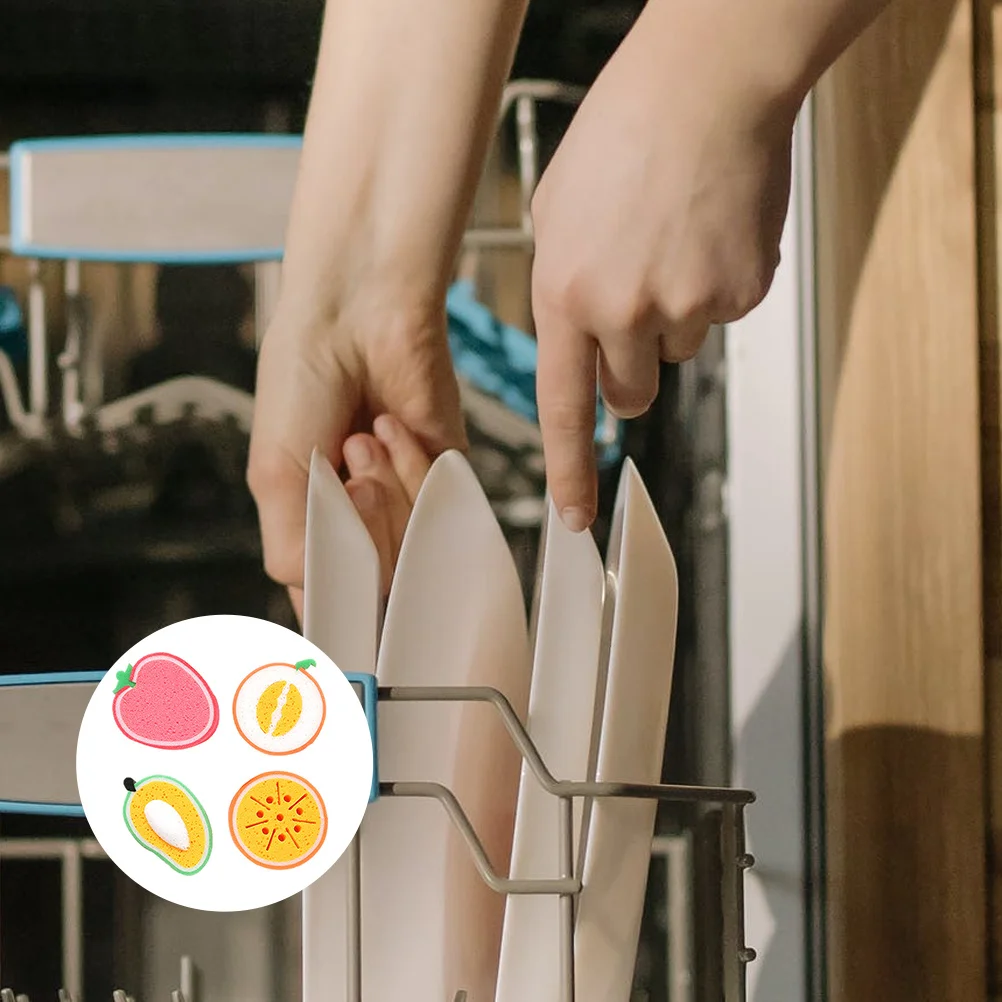 

4Pcs Thickened Fruit Shape Kitchen Dish Sponges Cotton Material Scrubbers High Water Resistant Non-Shrinking Odor