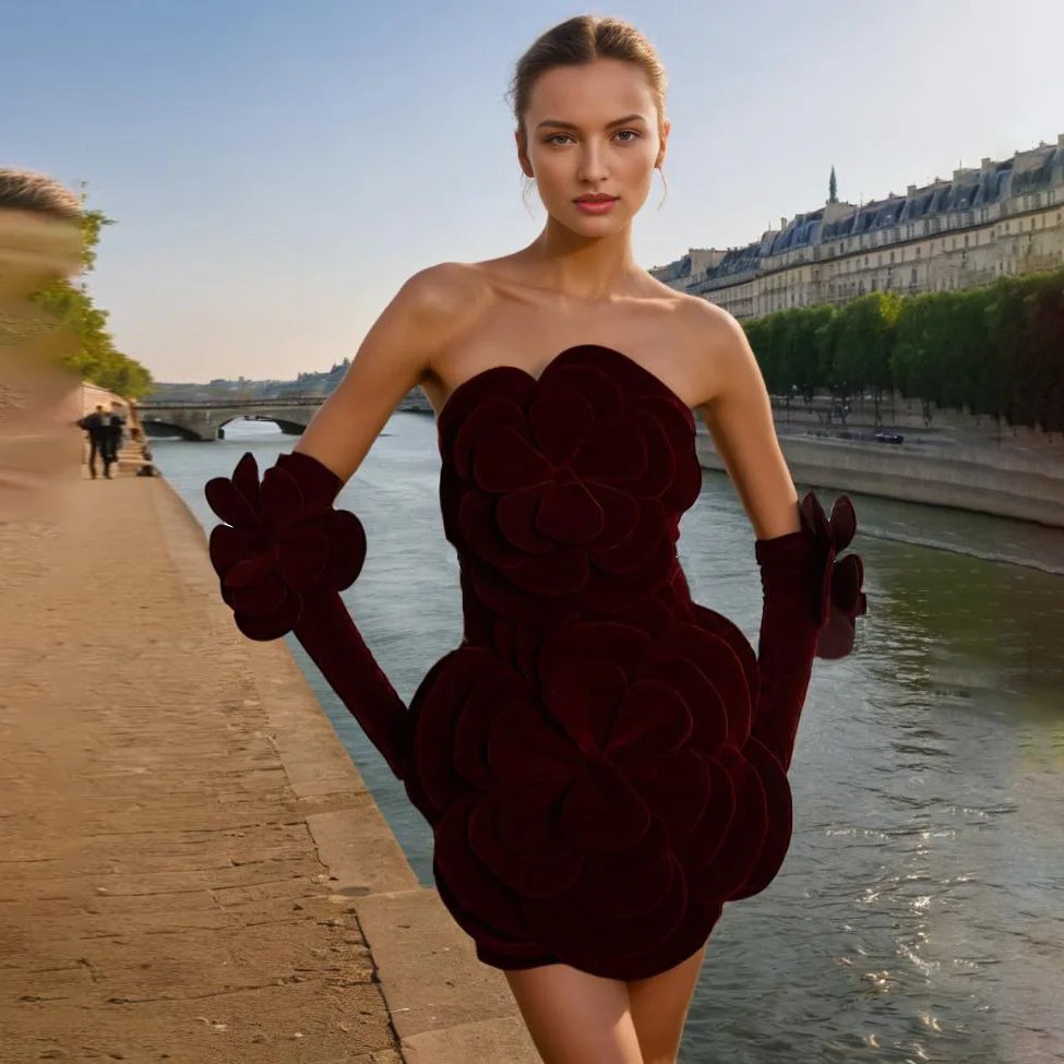 

French sexy new retro fashion tube top splicing flower dress simple temperament elegant versatile high-end vacation style party