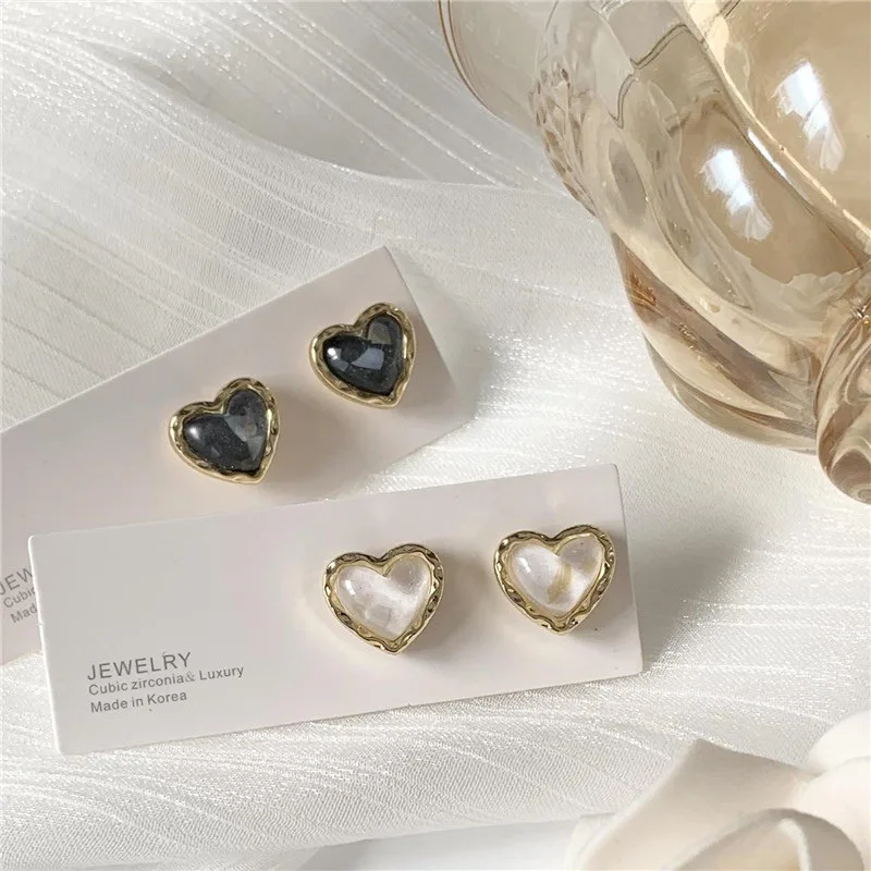 2024 New Trendy Blue Heart Stud Earrings for Women Girls Korean Cute Black White Small Heart Zircon Earrings Party Jewelry