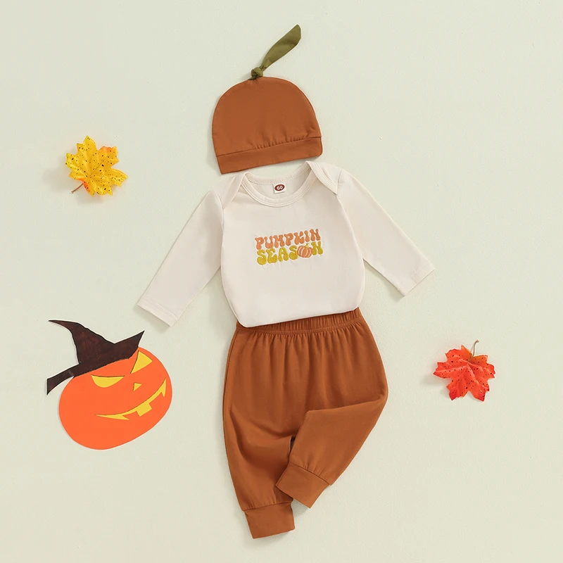 Baby Boys Halloween 3PCS Sets Long Sleeve Letter Print Romper Solid Color Pants Hat Sets