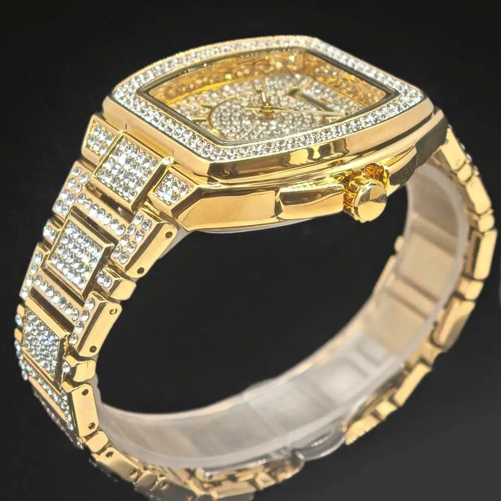 Luxury Gold Watch Men Brand UNIGUET Hip Hop Ice Diamond Quartz Clocks Male Fashion Tonneau Wristwatch With Calendar Dropshipping