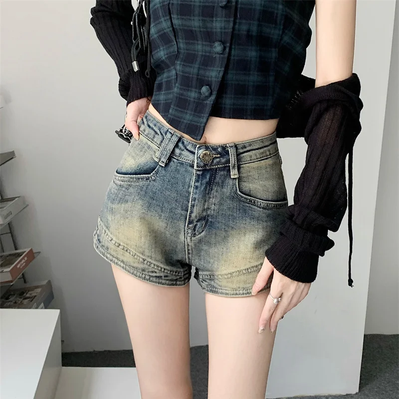 

Ретро-джинсовые шорты для женщин, летние, стройнящие, эластичные, с высокой талией, прямые, А-силуэт, из смесового хлопка и полиэстера