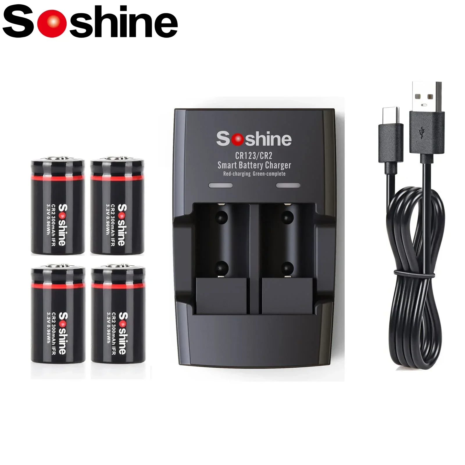 Soshine CR2 Rechargeable Battery and Charger 3.2V 300mAh LiFePo4 Battery for Rangefinders Telescopes Electric Toys Smoke Alarms