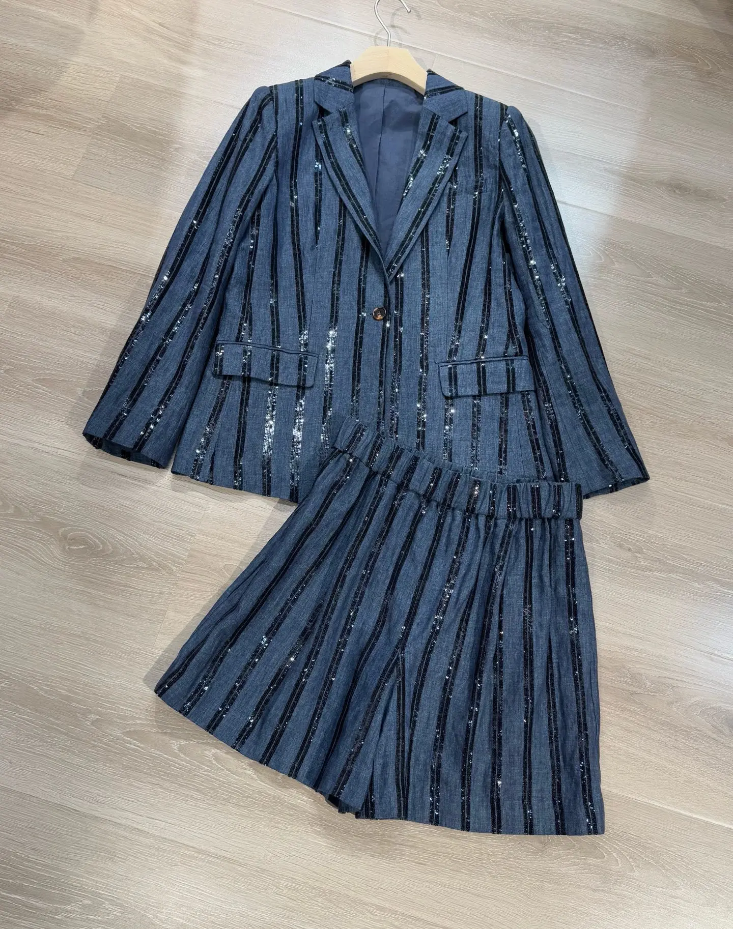 Spring Summer 2025 Women's Shorts Suit Linen Blazers Jacket + Sequined Elastic Waist Shorts 2-Piece Set