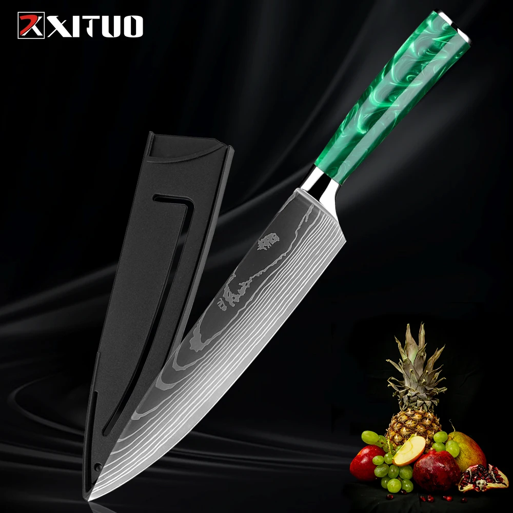 

XITUO Kitchen knife 8“ Chef Knife Japanese Santoku Knife Sharp Cut meat vegetables Cooking Knife Green resin handle With sheath