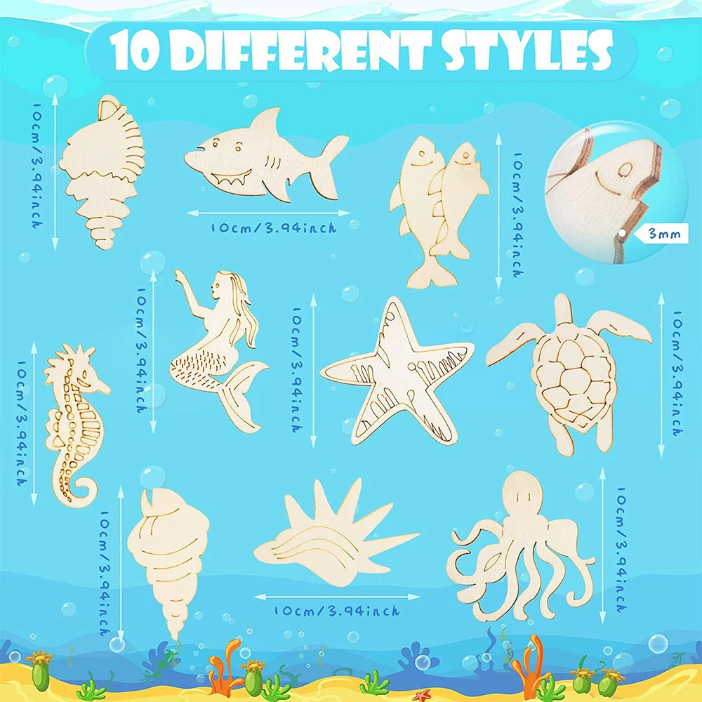 10pcs/Set Marine Animals Octopus Starfish Mermaid Turtle Wooden Children\'s Color Painting Wooden Crafts Party DIY Decoration