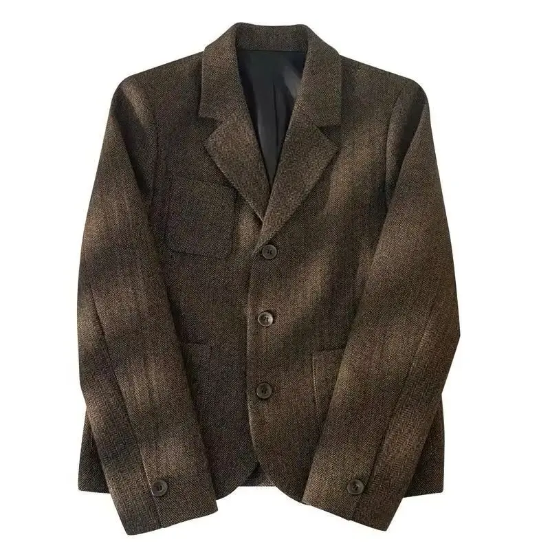 

Korean Fashion Woolen Suit Herringbone Pattern Jacket 2025 Autumn New Retro Design Casual Temperament Coat Female Clothing