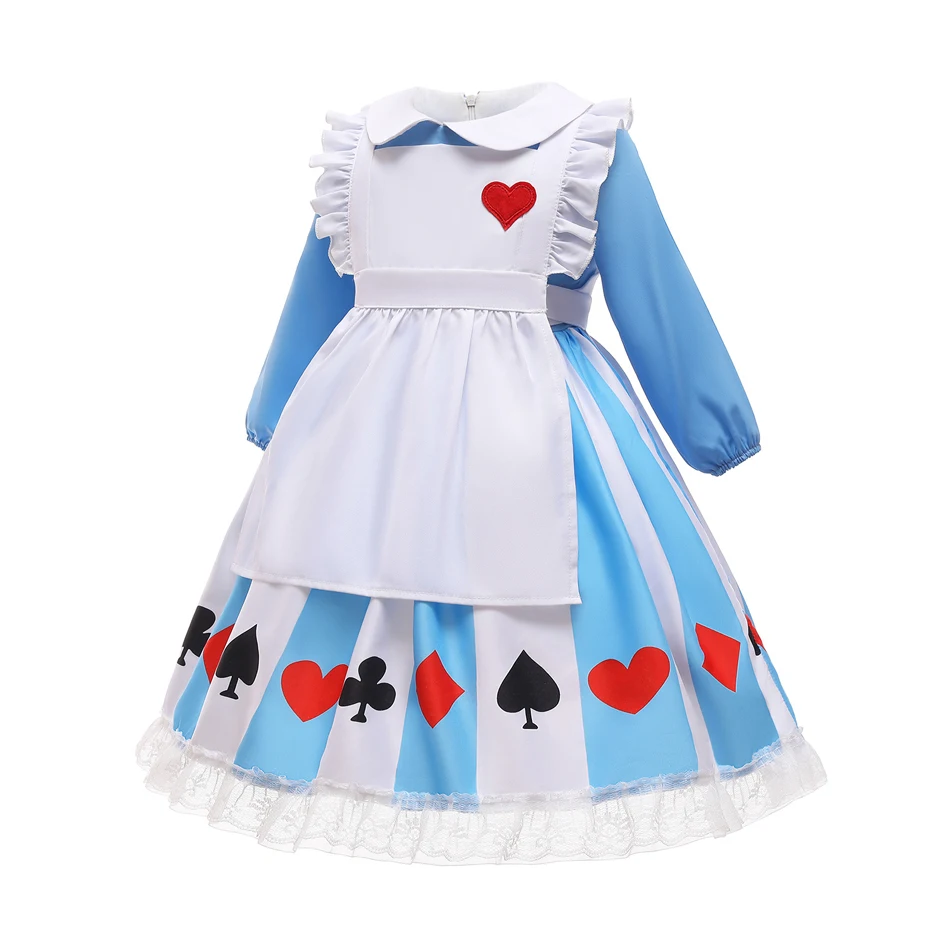 Girls Alice Cosplay Dress Children Long Sleeve Blue Maid Outfit with Poker Card Hem Kids Halloween Carnival Party Costume