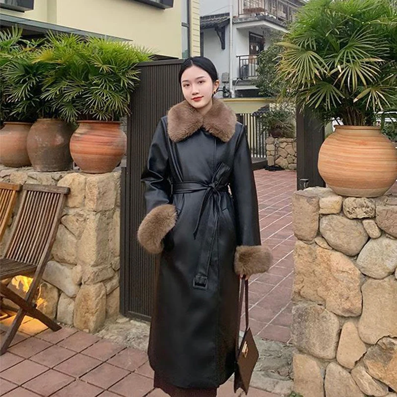 2022 New Autumn And Winter Fashion Retro Breezepelt Coat Women\'s Middle And Long Senior Waist Slimming Warm Leather Overcoat