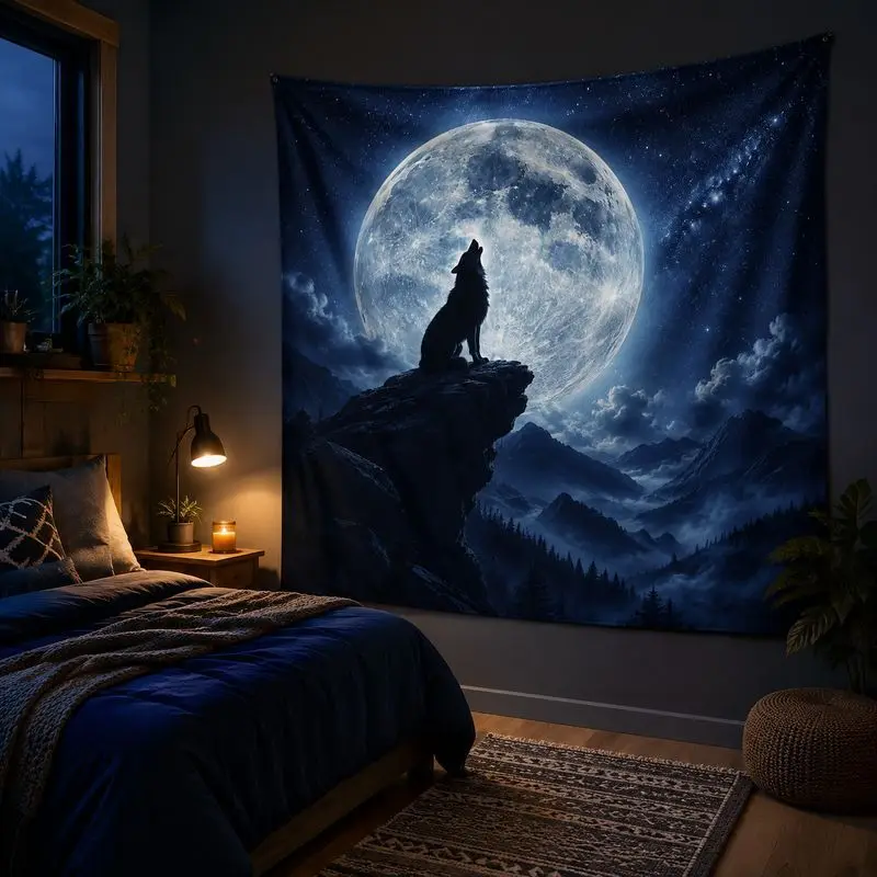VIKAMA Sunset Sky Purple Moon Magic Girl Cute Dog Mysterious Wolf Tapestry for Bedroom, Wall Hanging, Wall Decor, Backdrop boho