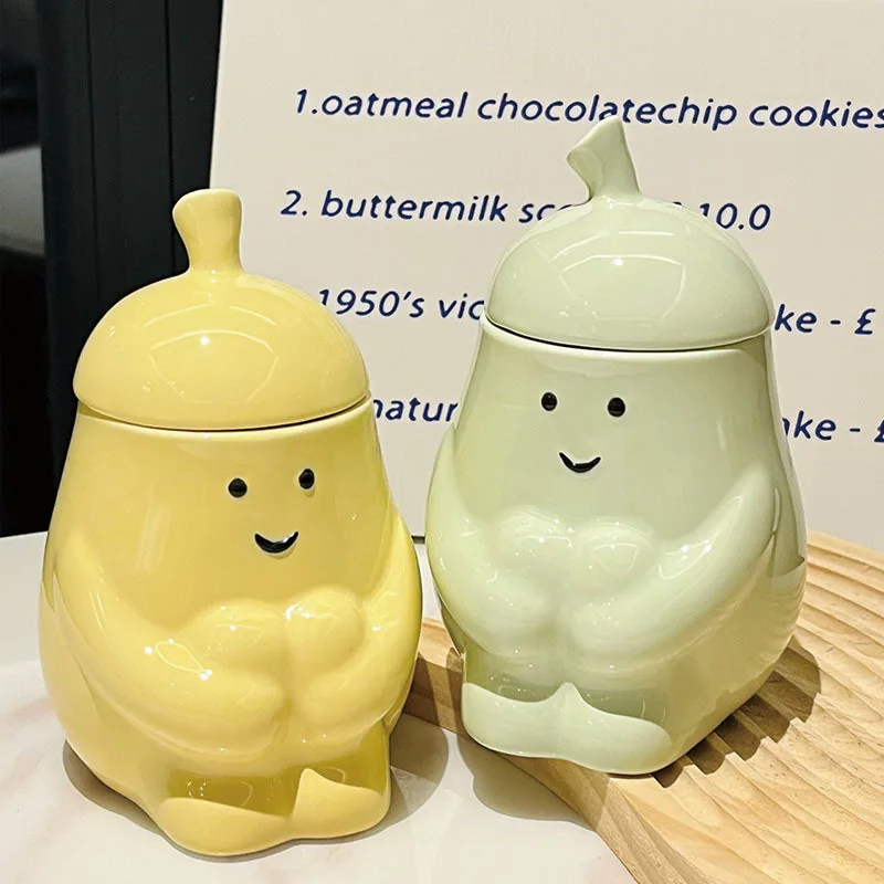 

Cartoon Pear-shaped Ceramic Mug Cute Household Breakfast Mugs Office Coffee Cup with Lid Couple Water Cups Drinkware