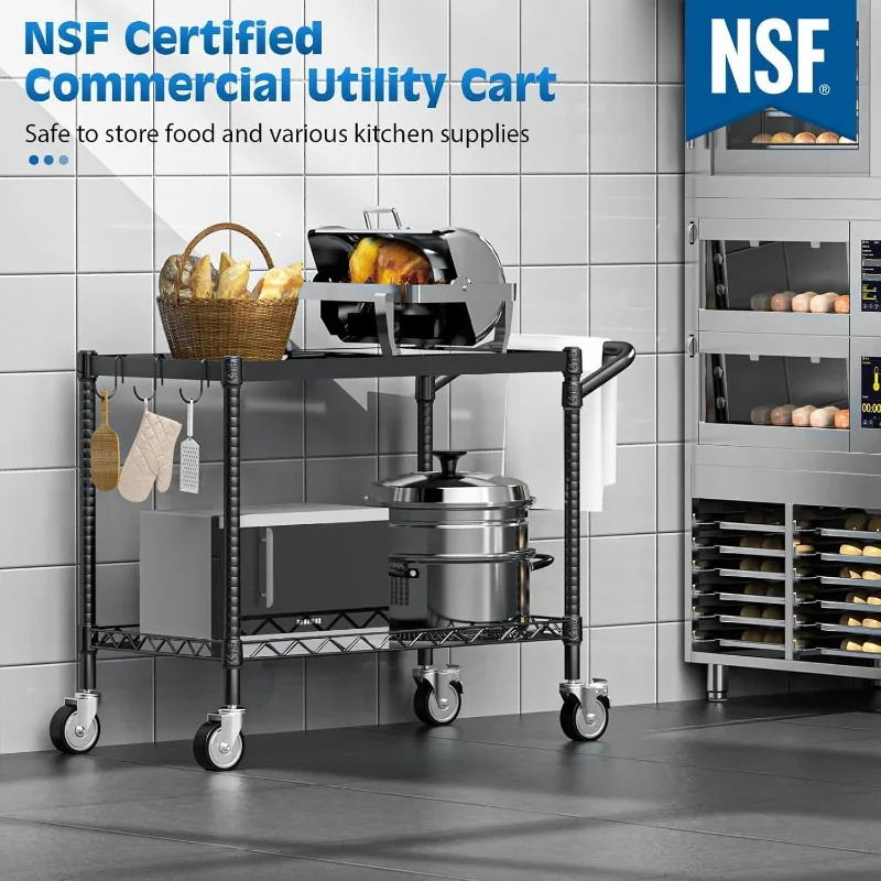 Veicolo utilitario a 2 piani con ruote, capacità di 900 libbre certificata NSF Veicolo utilitario con ruote per carichi pesanti con maniglie, nero
