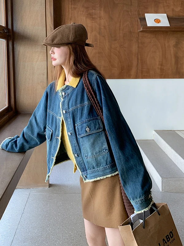 

Retro Hong Kong Sle Faded Denim Jaet Women's ort Casual Top Spring Autumn 2025 New ular Loose Fit ket Design