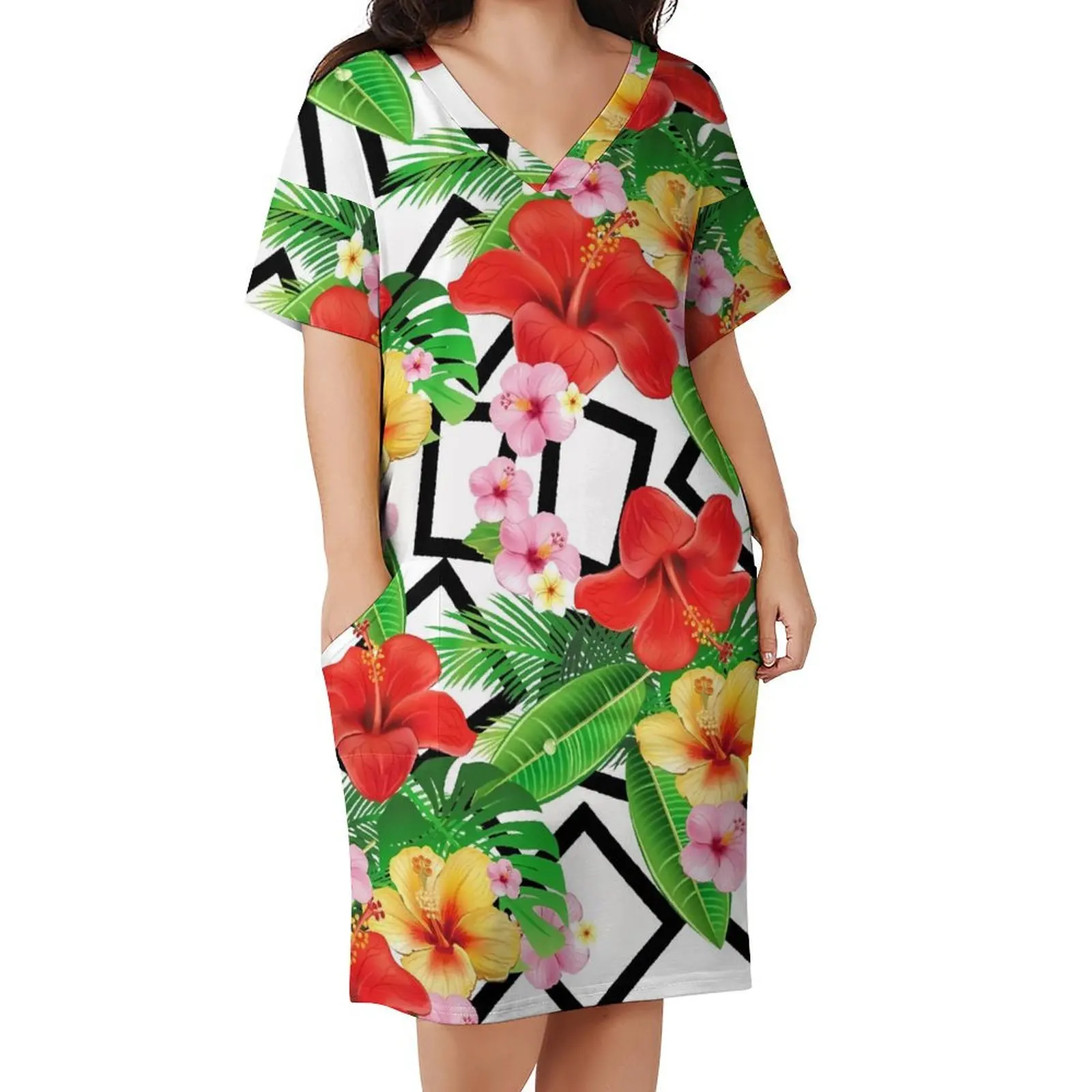 

Lily Floral Casual Dress Women Flowers and Geometric Elegant Dresses Summer Short Sleeve Street Fashion Print Dress Big Size 4XL