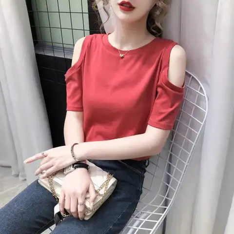 등이없는 티셔츠 여자 섹시한 티셔츠 레드 슬림 옐로우 의류 일반 풀오버 짧은 소매 오프 어깨 블랙 여성 탑 O 귀여운 90s