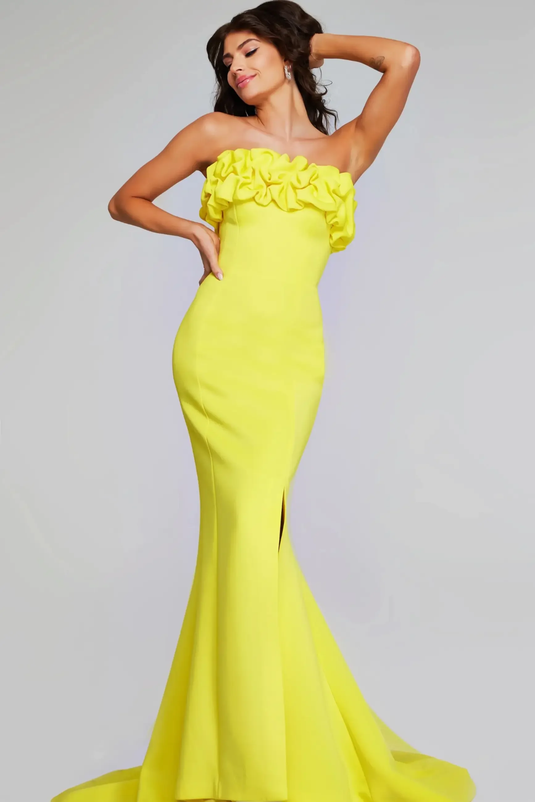 

Yellow Strapless Mermaid Evening Dress 2025 Ruffled Bodice Split Formal Party Prom Gown Elegant Wedding Guest Dress Customized