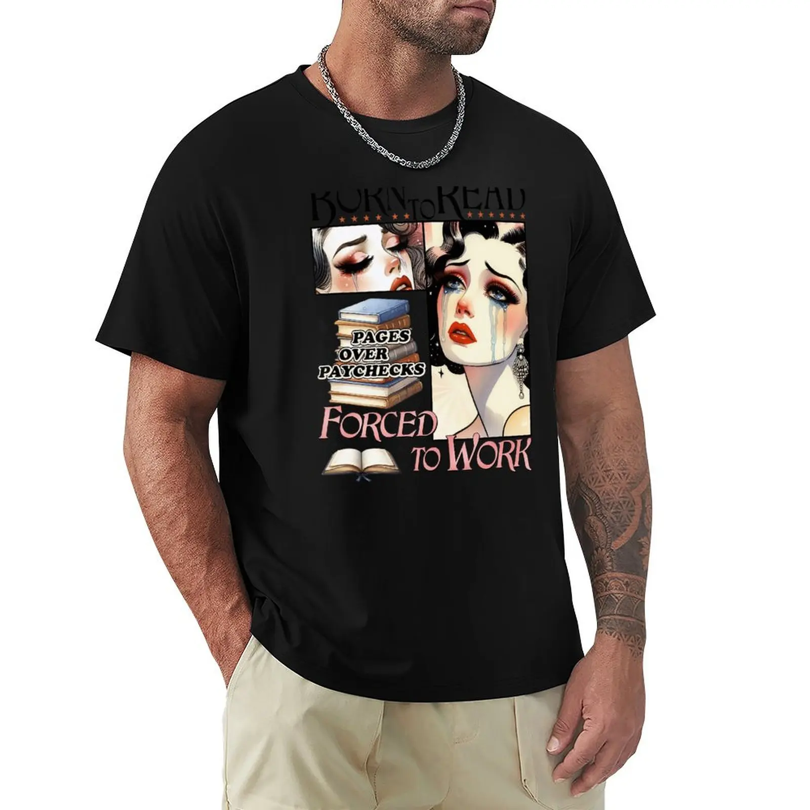 Bookish Born To Read Forced To Work Bookworm Retro Bookish T-Shirt Everyday Wear Basic Short Sleeve Top