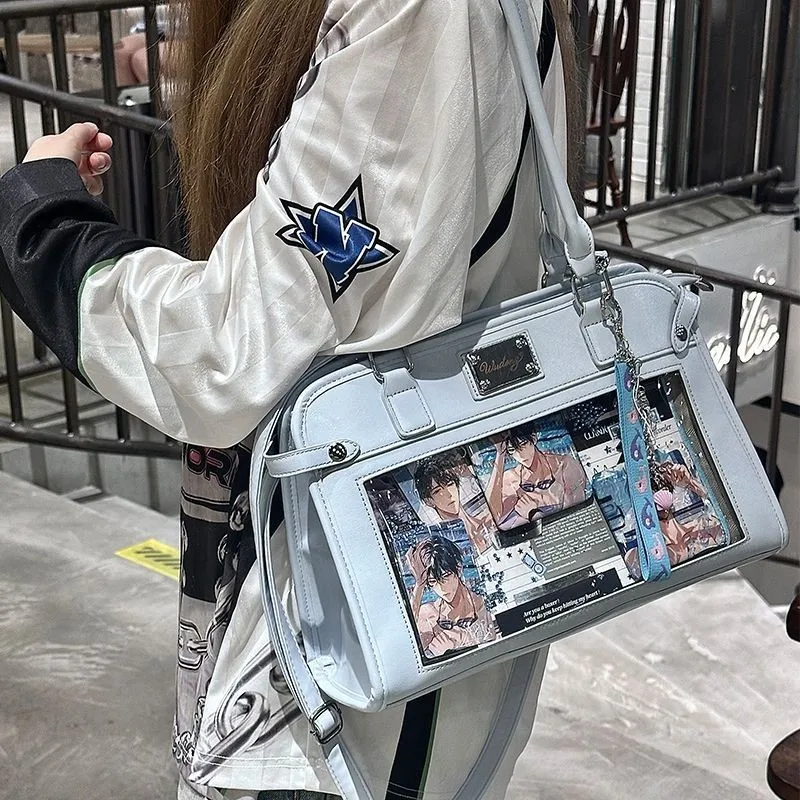 

Сплошной цвет, простая большая сумка, женская кожаная большая вместительная универсальная сумка на плечо, женская прозрачная сумка со значком в стиле аниме Ita