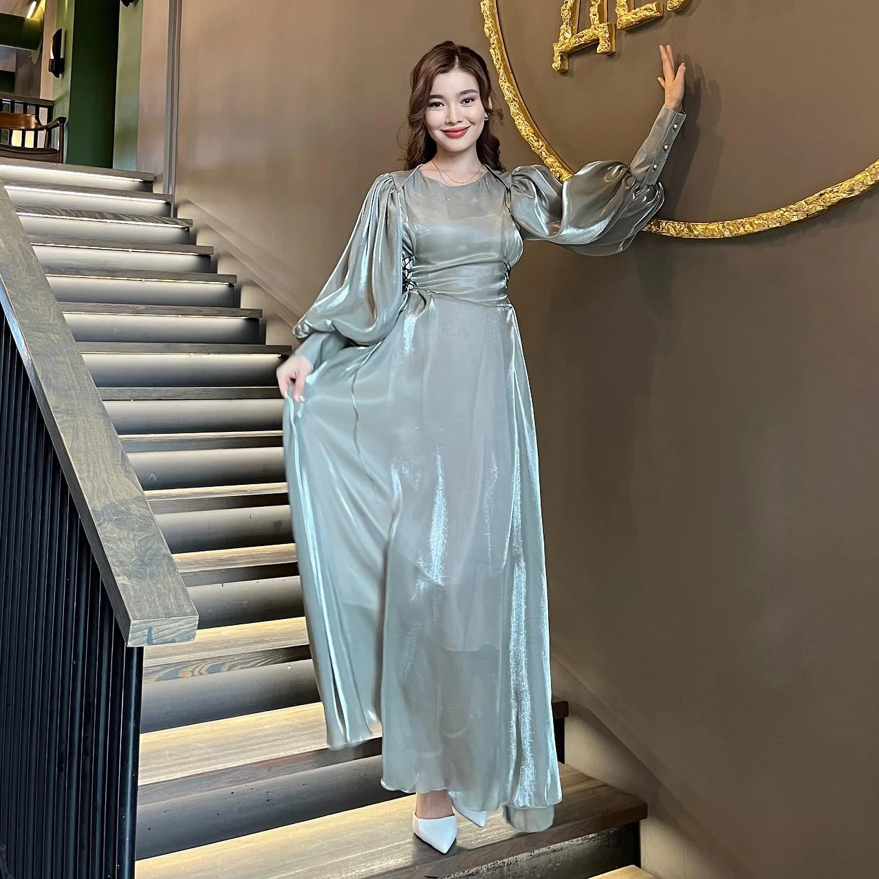 O-Neck Korea Garden Evening Dresses Long Puffy Sleeves Formal 프롬드레스 Customized Elegant Prom Growns Party Women Bride