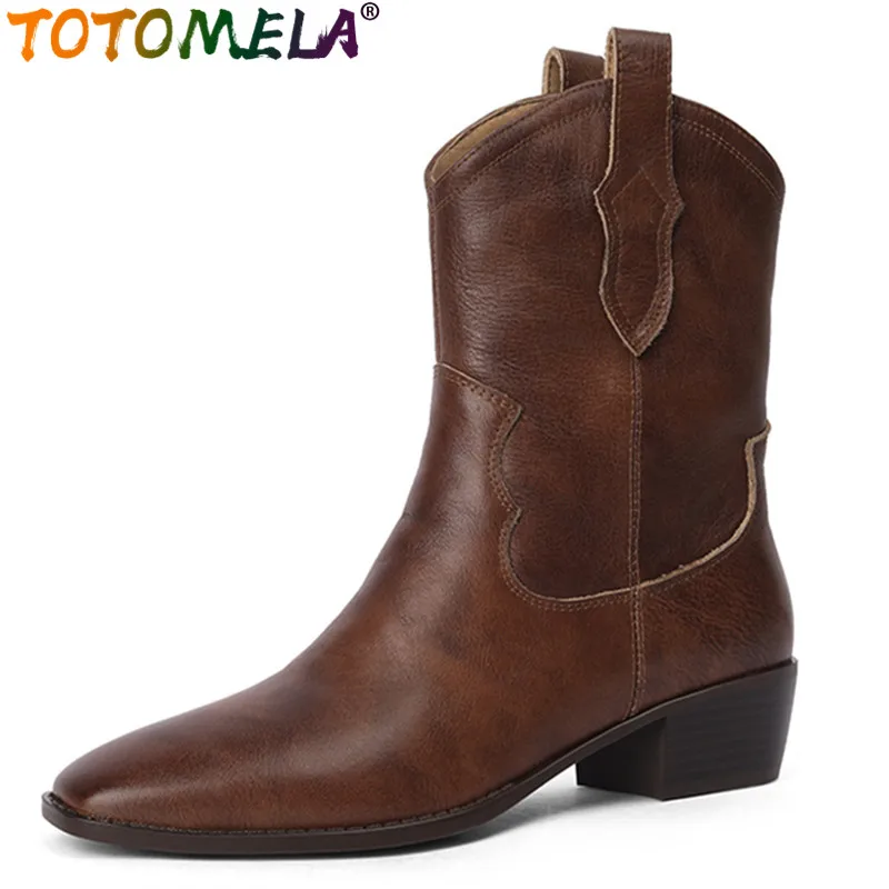 

TOTOMELA 2024 New Retro Square Toe Slip On Mid Calf Boots Square Med Heels Shoes Genuine Leather Winter Western Boots For Women