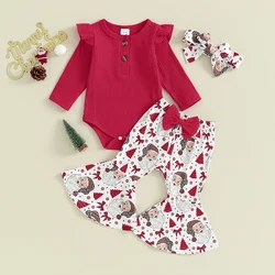 Newborn Baby Girl Christmas Outfits 3 6 12 18 Months Romper Bell-bottoms Headband Infant Girl Clothes Set