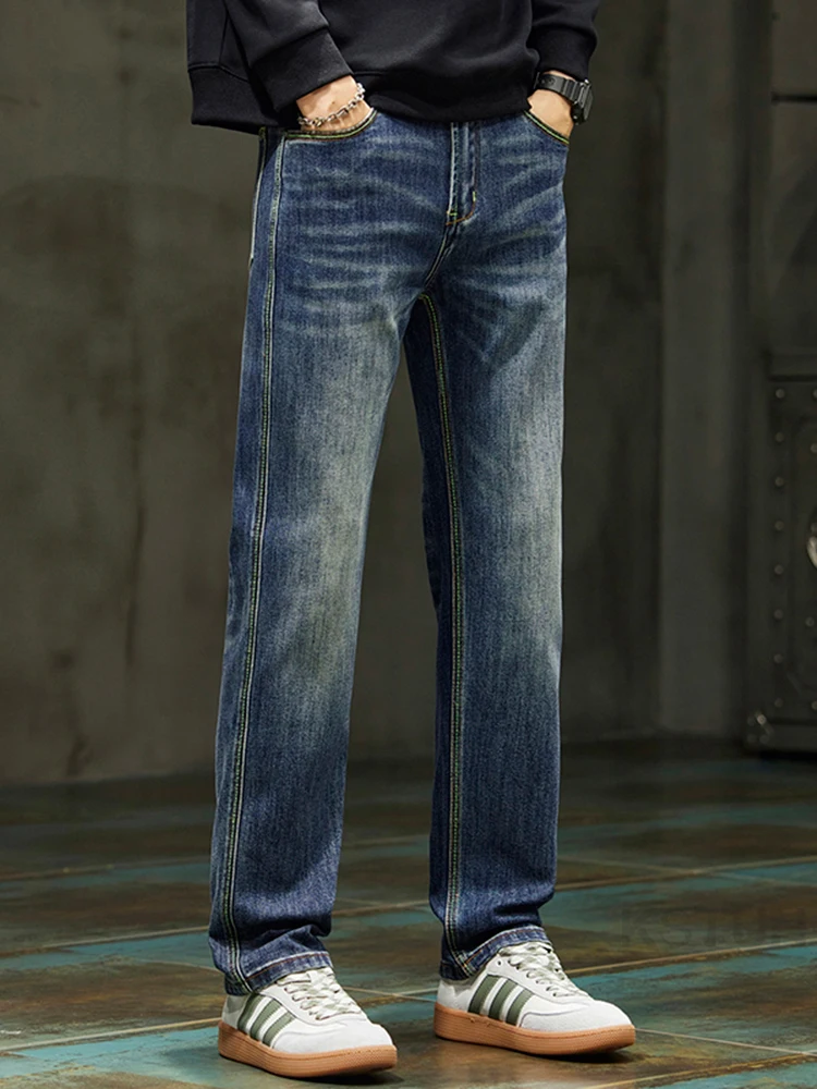 KSTUN Men's Contrast Stitching Straight Jeans Stretch Denim Pants Streetwear Business Casual Trousers 2026 Spring Autumn Jeans