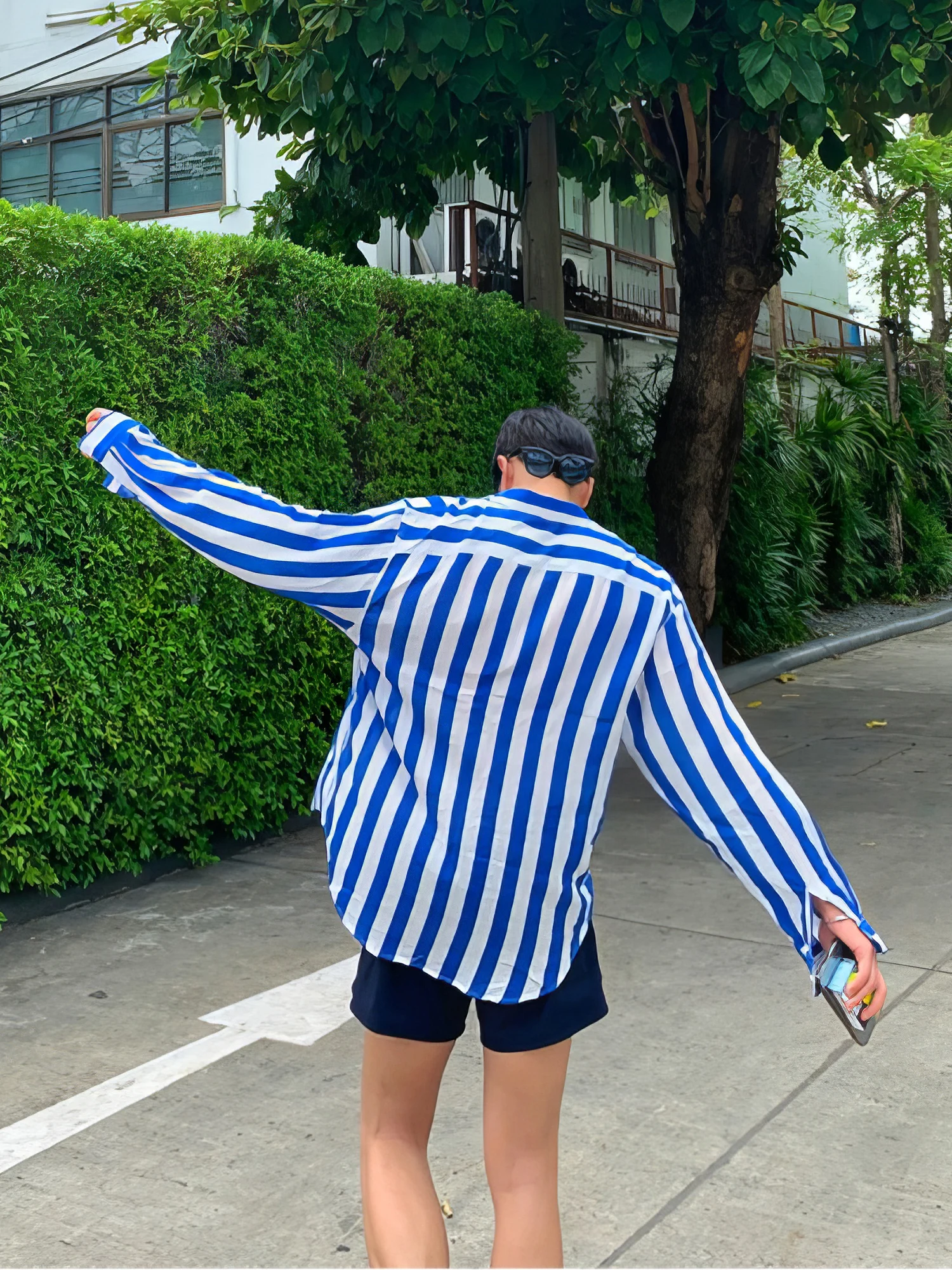 

Long Sve Свободный крой синего цвета в полоску, тонкий летний гавайский костюм для пары Vaion, молодежный модный корейский топ M