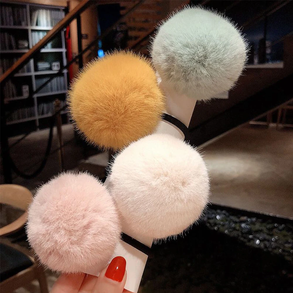 Girls Winter Hairband Hair Ties Imitation Rabbit Fur Pompom Ponytail Holder Pompom Rubber Band Hair Accessories Plush Hair Rope