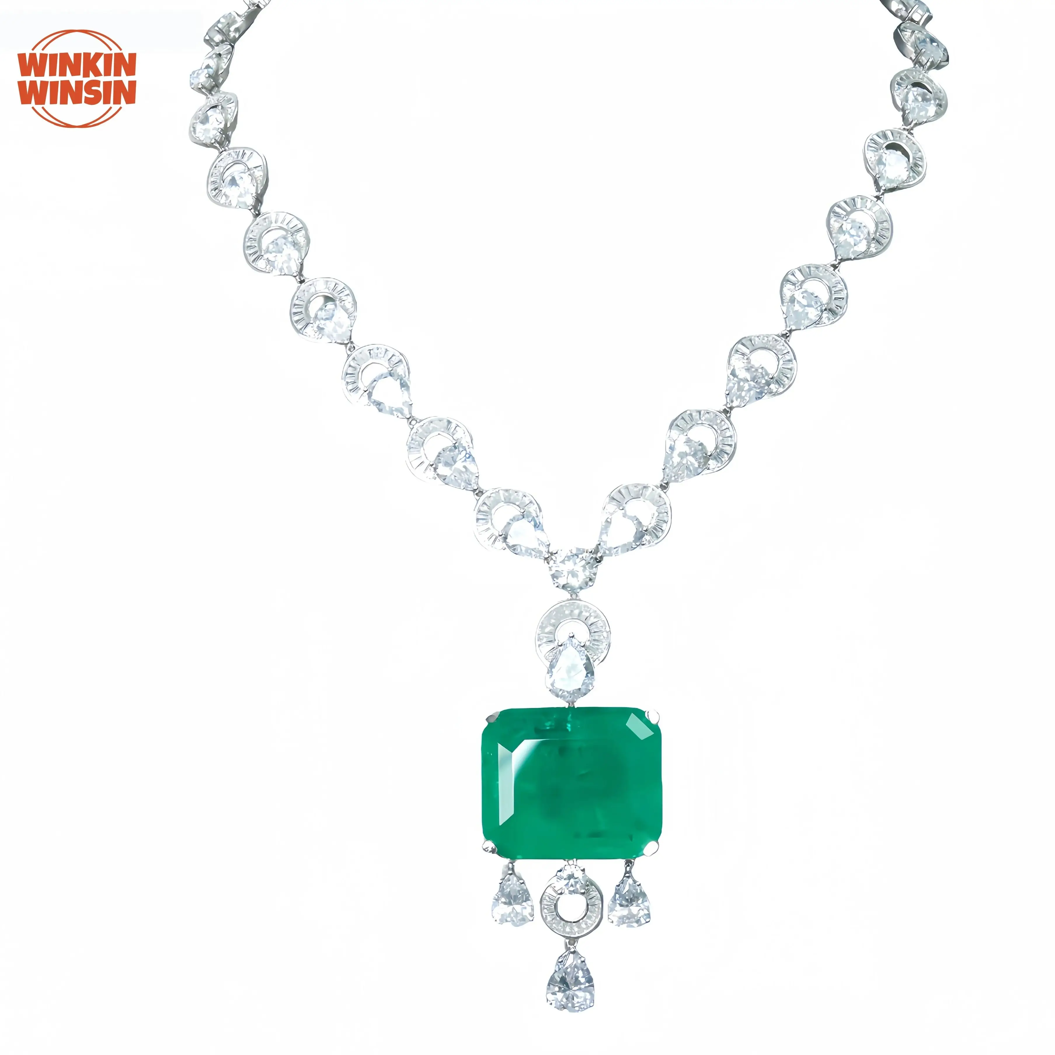 

Winkin Winsin Brand 925 Sterling Silver Full Gemstones Pendant Chain Necklace Jewelry Green High Carbon Diamond Necklace