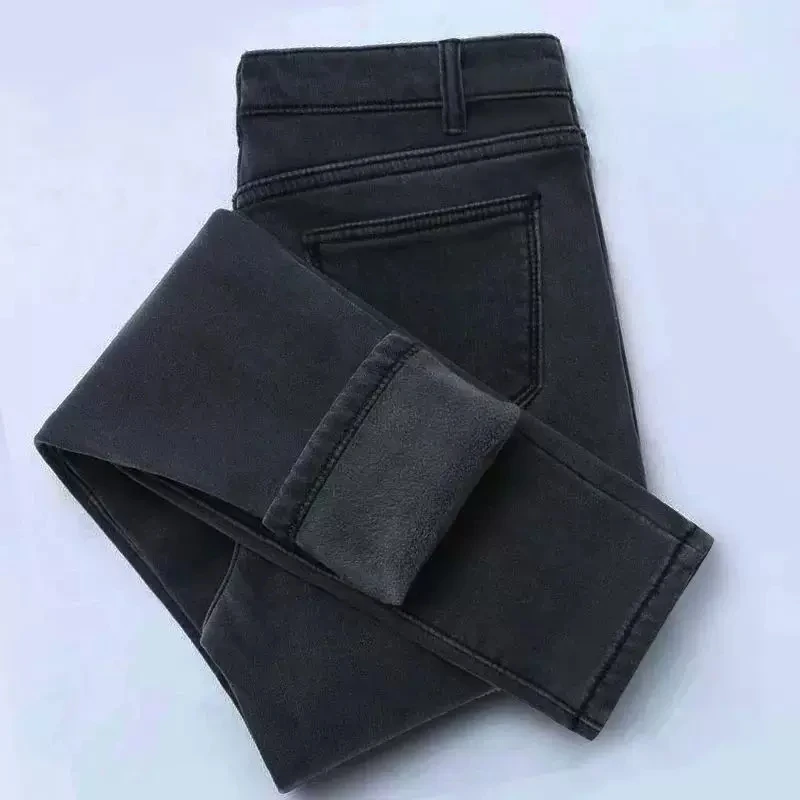 Fleece Lined High Waist Denim Jeans Women Winter Thickened Slimming Outerwear Large Size Warm Ankle Length Pants