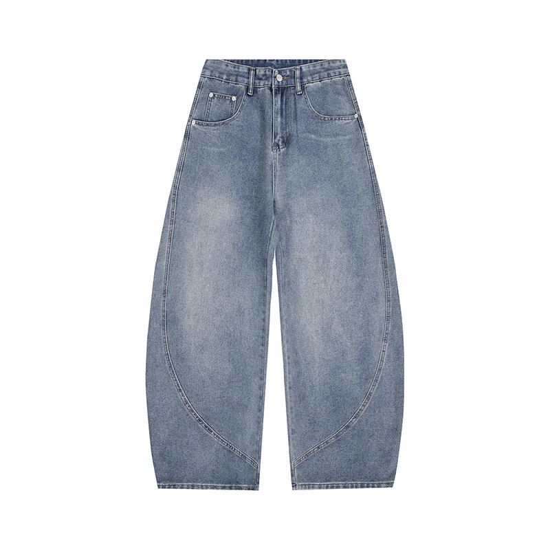 2026 Autumn Men Curved Seam Baggy Jeans Vintage Wash High Waist American Street Wide Leg Denim Pants